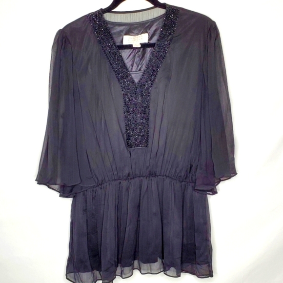 Badgley Mischka Beaded Sheer Top Size L American Glamour Flowy Tunic Dark Fairy - Picture 1 of 14